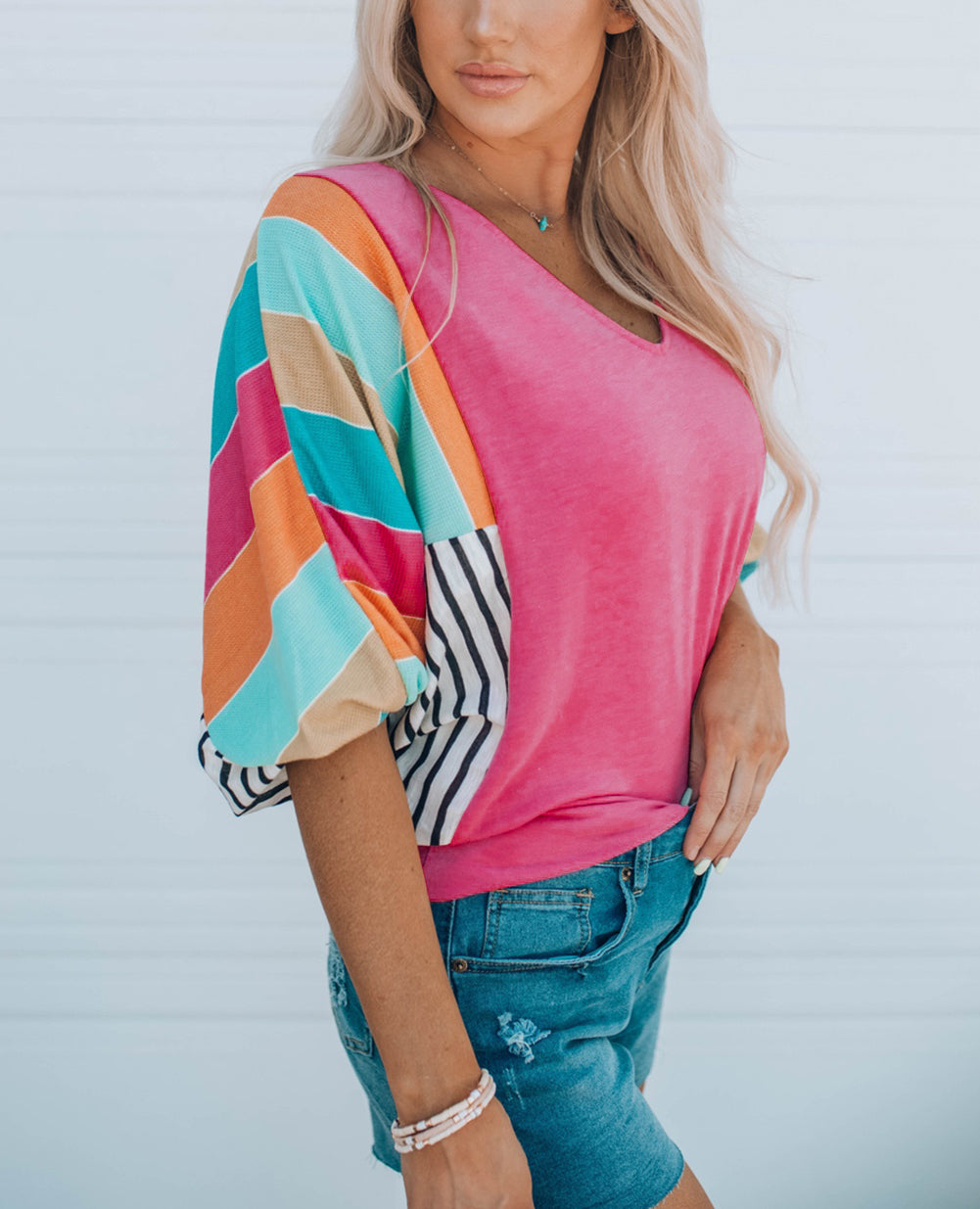 Rose Stripe Color Block Bubble Sleeve Top