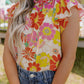 Multicolor Stand Collar Flutter Sleeves Floral Top
