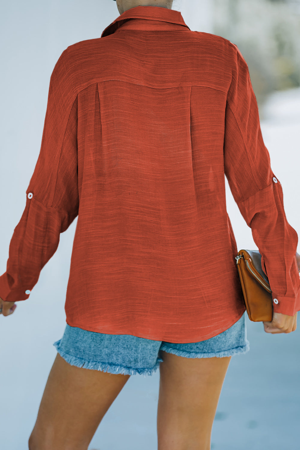 Red Loose Long Sleeve Buttoned Shirt with Pocket