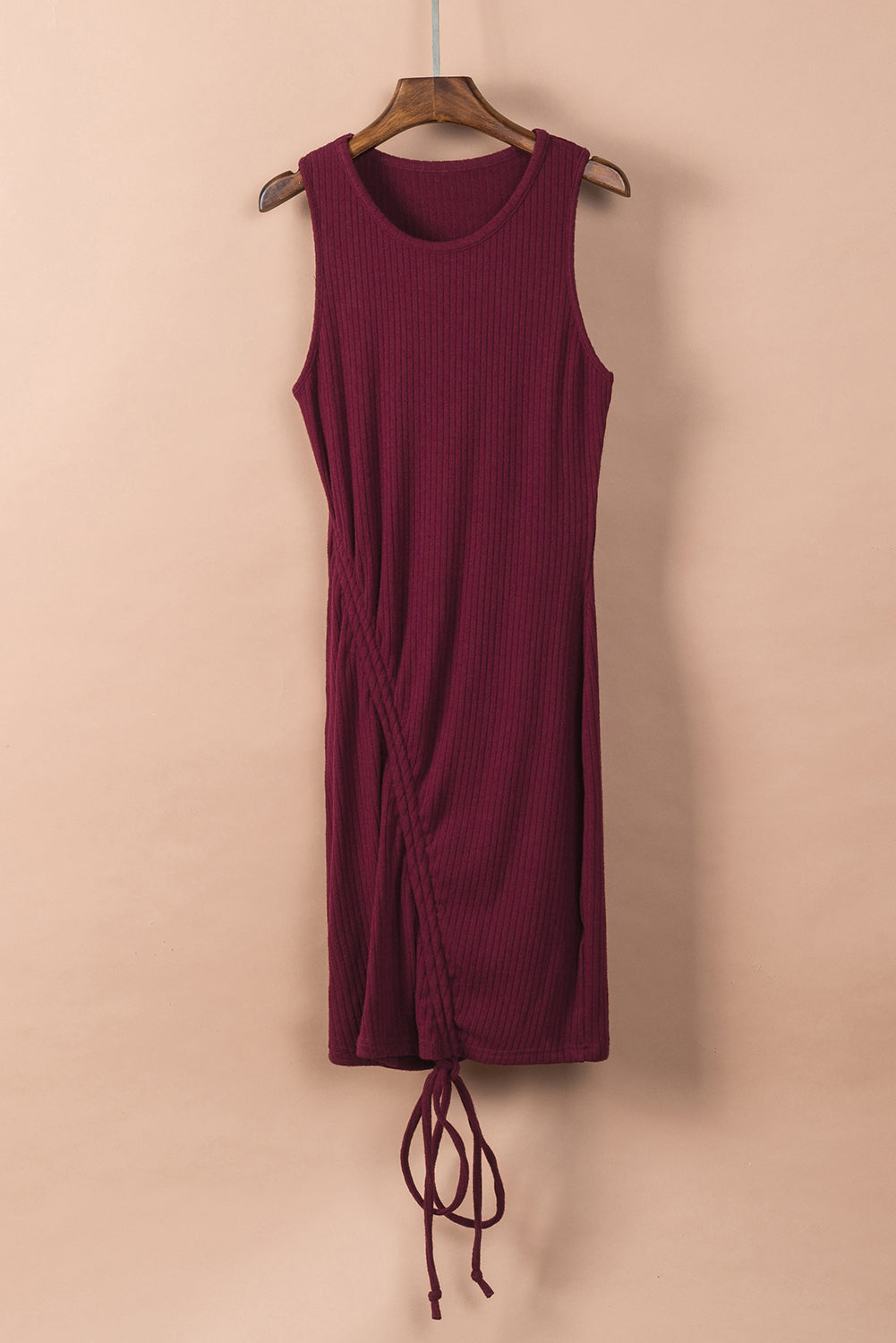 Burgundy Ruched Rib Knit Tank Mini Dress