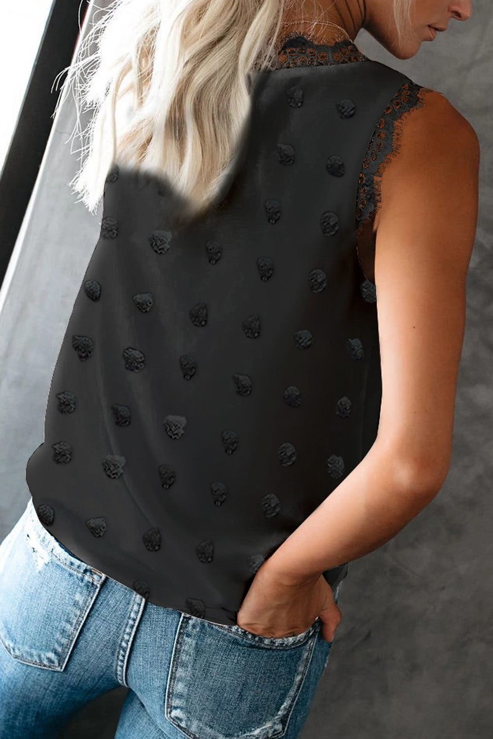 Swiss Dot Lace Stitching V Neck Tank Top