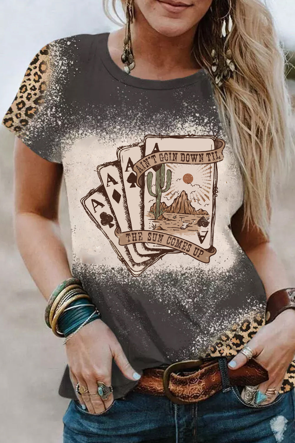 Gray Western Poker Cards Bleached Print Crewneck T Shirt