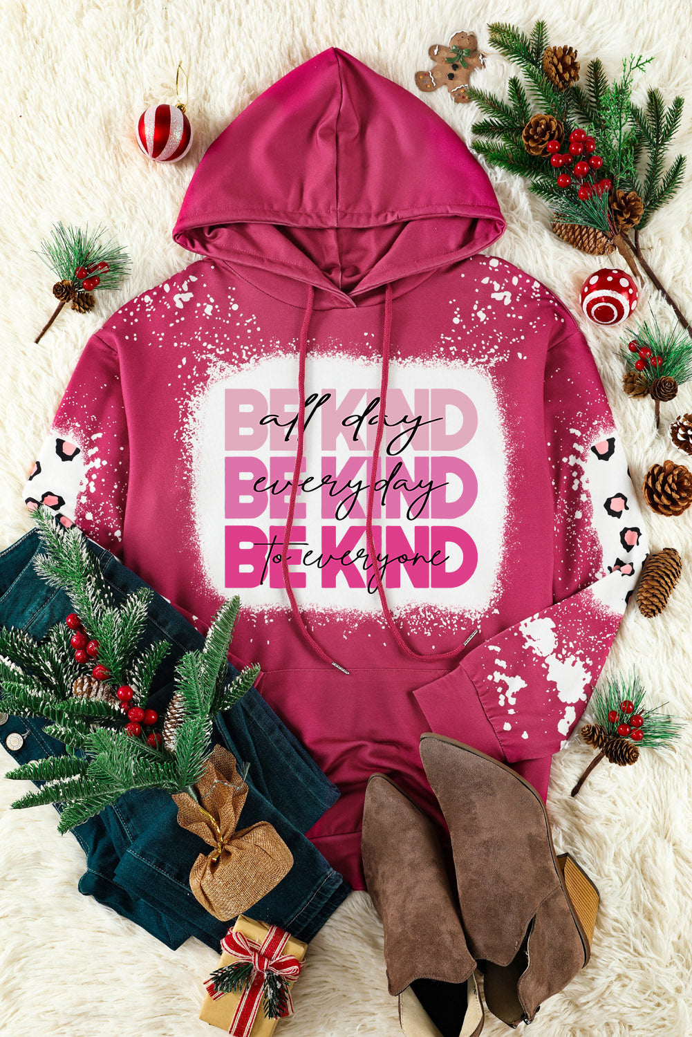 Rose Leopard Bleached Print BE KIND Graphic Hoodie