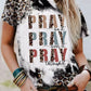 Leopard PRAY Slogan Bleached Dye Print Crewneck T Shirt
