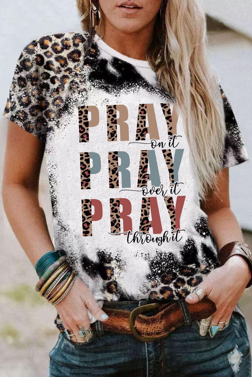 Leopard PRAY Slogan Bleached Dye Print Crewneck T Shirt