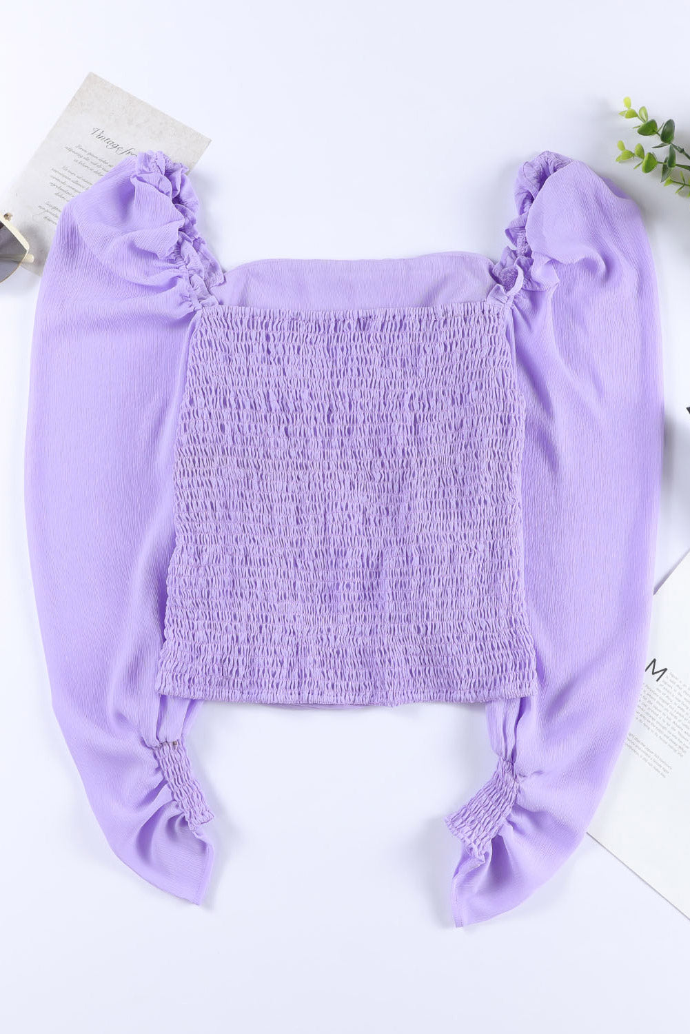 Purple Crinkle Square Neck Puff Sleeve Top