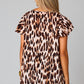Brown Flutter Sleeves Leopard/Abstract Print V Neck Top