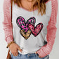 Pink Sheer Striped Sleeve Valentine's Day Leopard Heart Print Top
