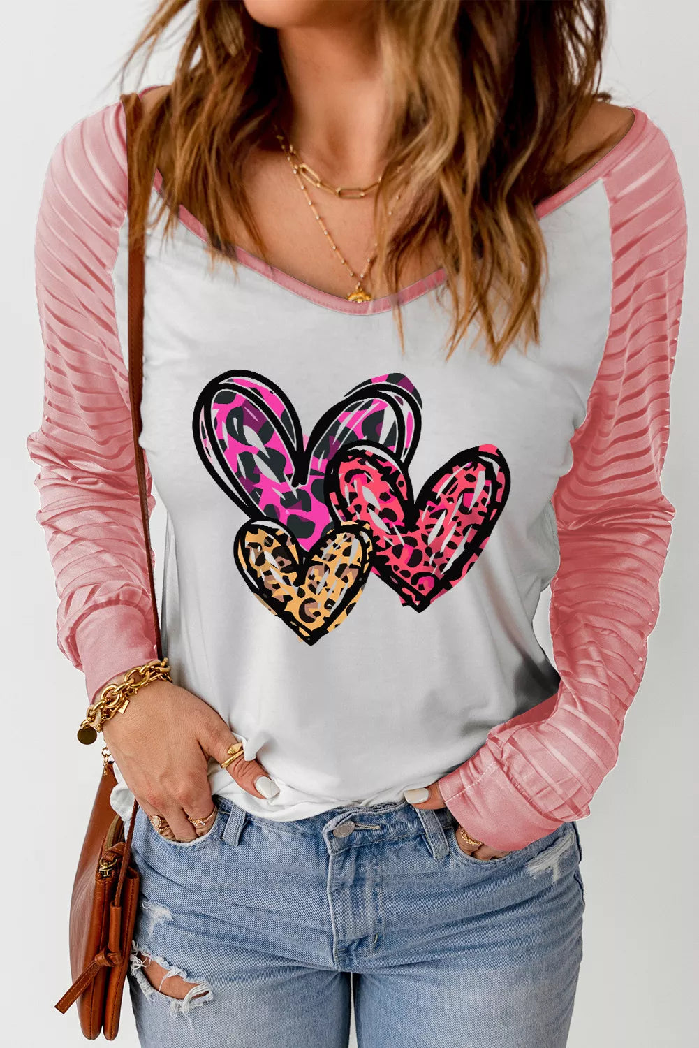 Pink Sheer Striped Sleeve Valentine's Day Leopard Heart Print Top