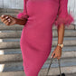 Rose Ribbed Off Shoulder Feather Cuff Bodycon Dress