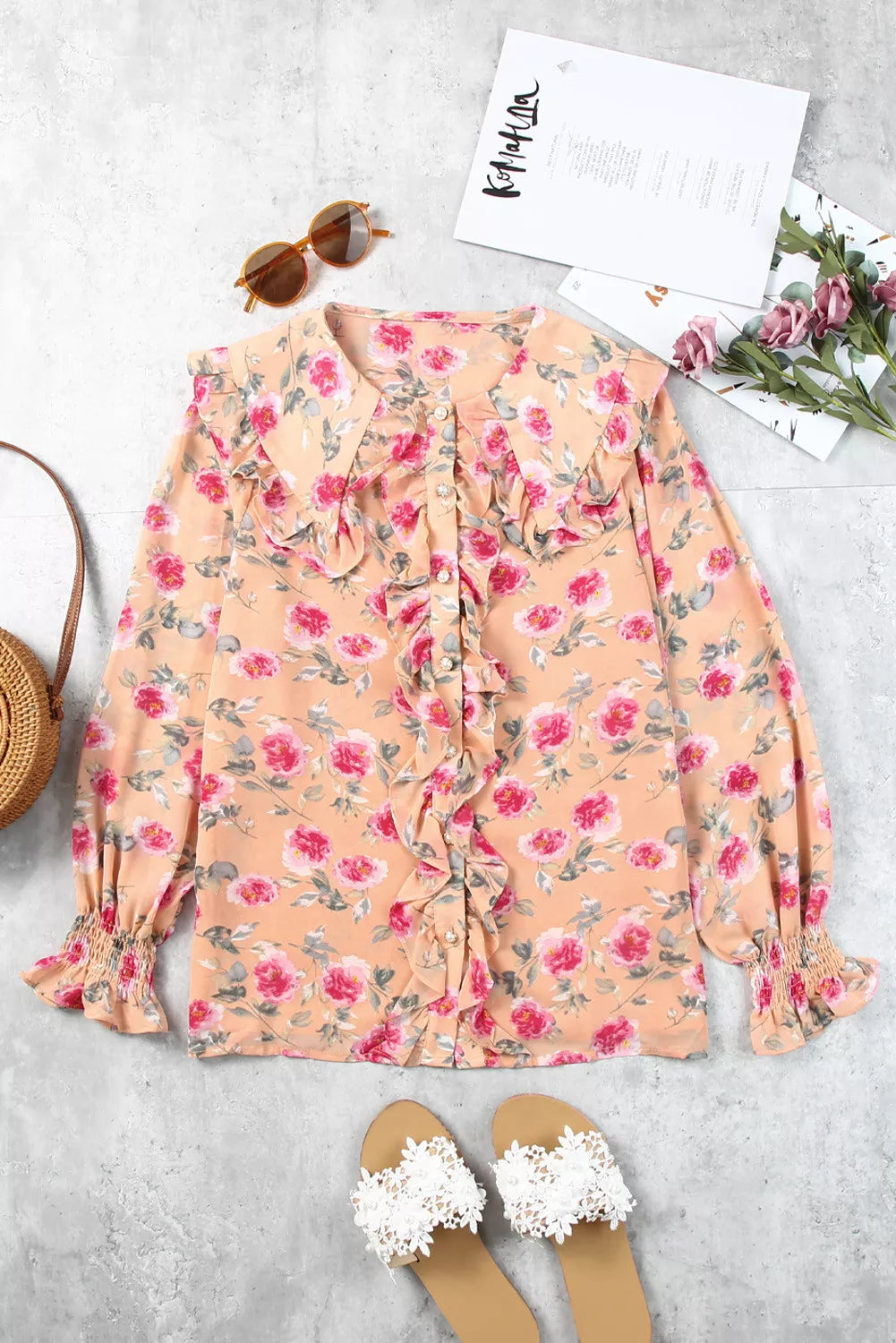 Floral Cape Ruffles Elastic Wrist Shirt