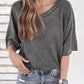 Gray Waffle Knit Seamed Half Sleeve V Neck Top