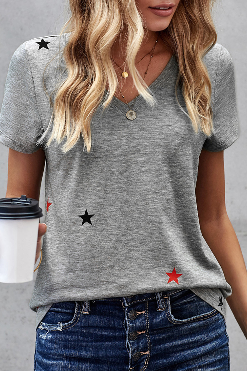 V Neck Stars Print Gray T-shirt