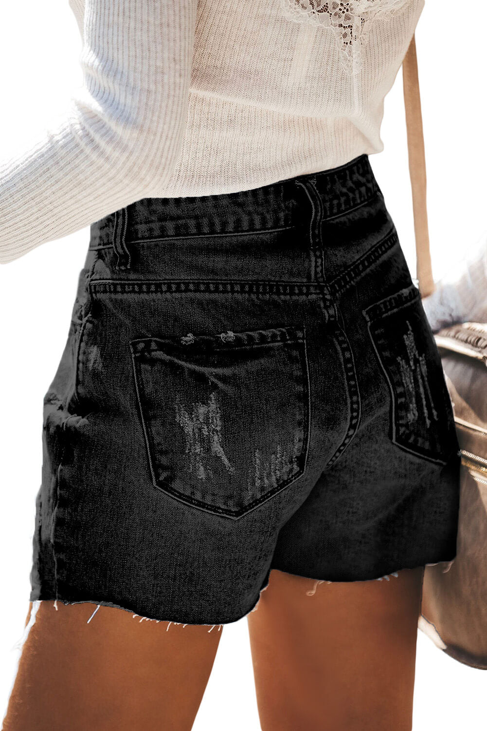 Button-fly High Rise Distressed Denim Shorts