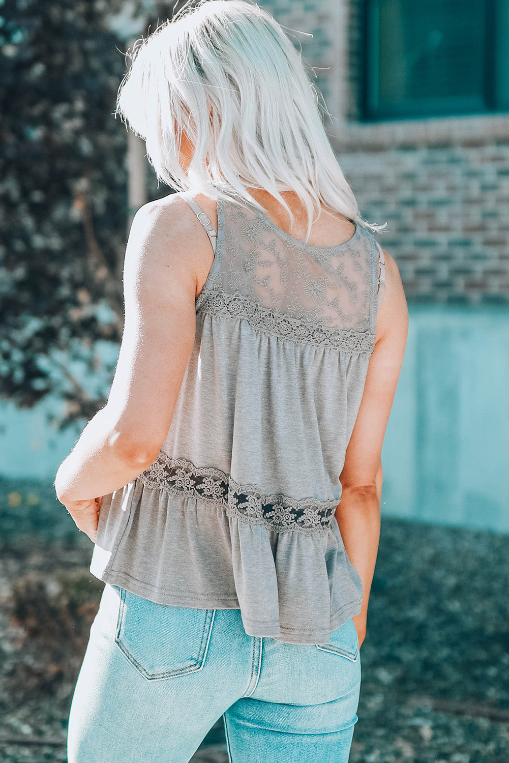 Gray Lace Embroidery Ruffled Sleeveless Top