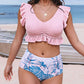 Ribbed Ruched Ruffle Top Printed Bikini Set