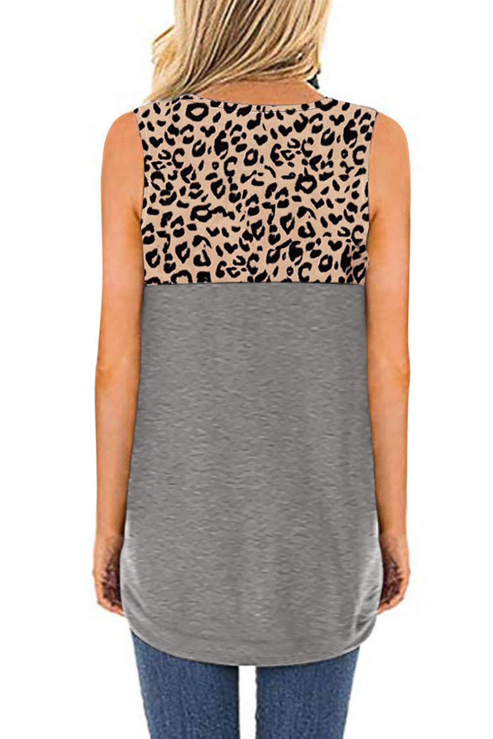 Hollow-out Leopard Solid Gray Patchwork Tank Top