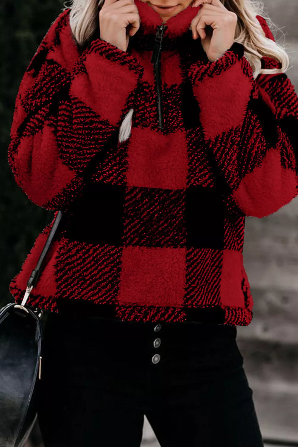Red Plaid Zip Collar Plush Pullover Sweatshirt