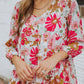Floral Print Ruched V Neck Babydoll Blouse