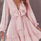 Deep V Neck Lantern Sleeve Knotted Tiered Mini Dress