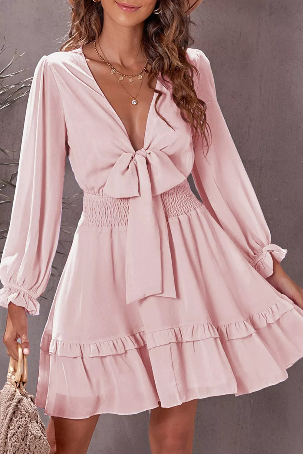 Deep V Neck Lantern Sleeve Knotted Tiered Mini Dress