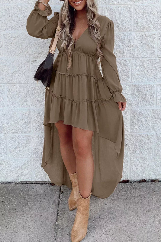 Khaki Tiered Ruffled High Low Long Sleeve Dress