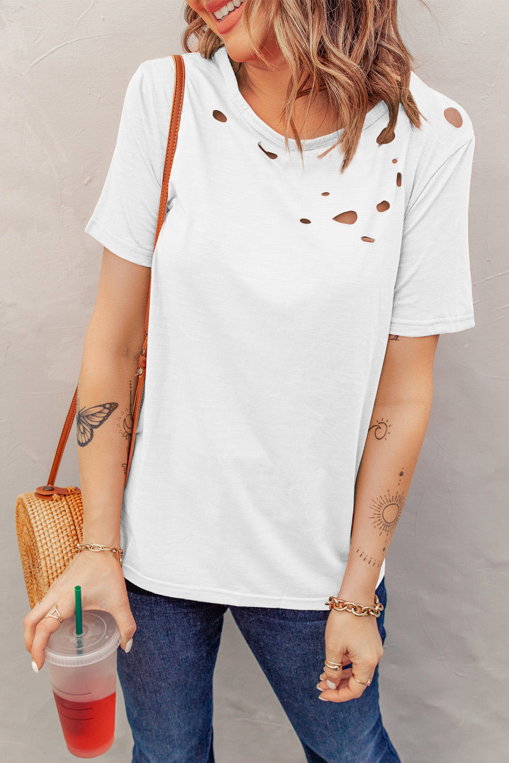 Holes Crew Neck Cotton Mixed T-shirt