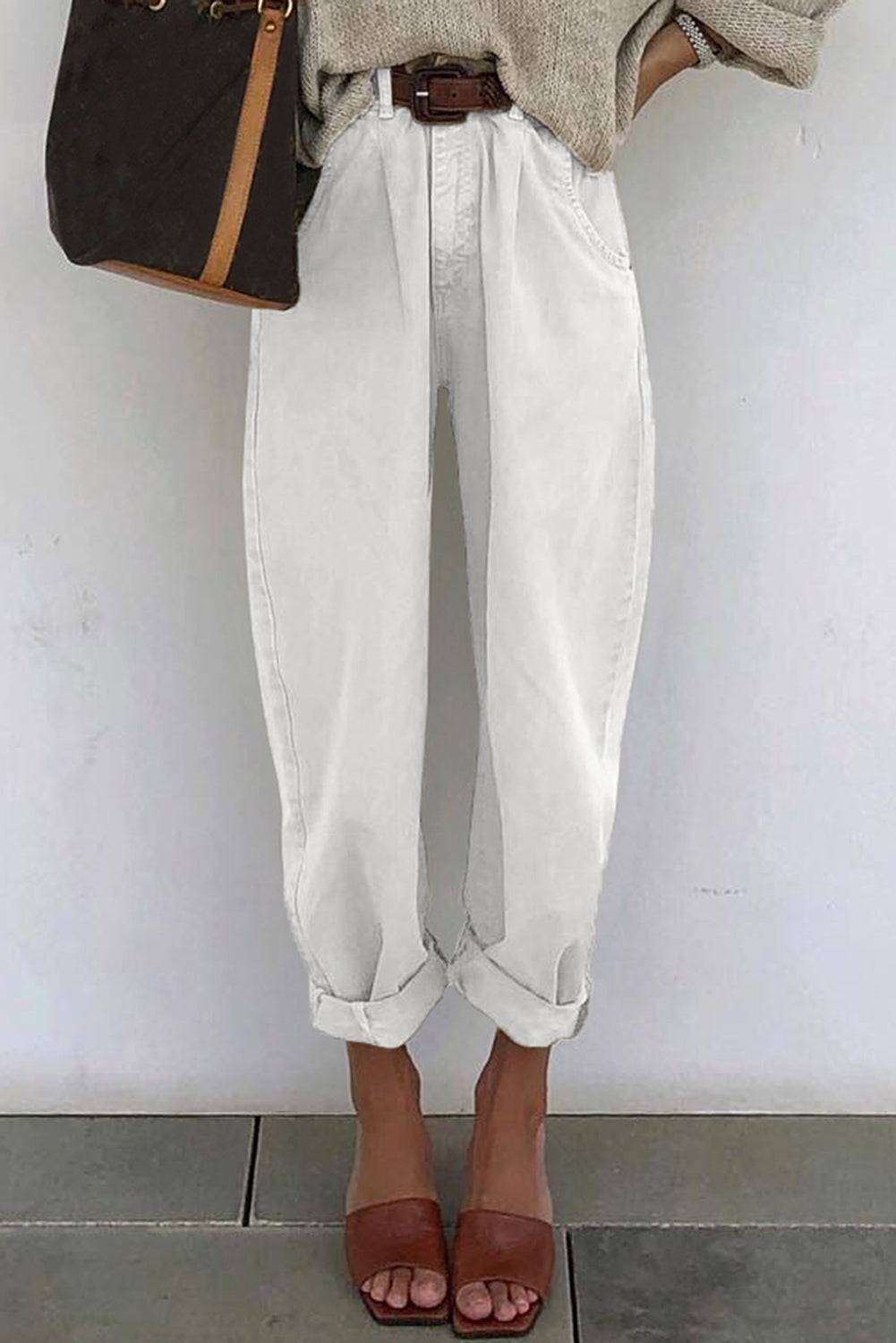 White Solid Color High Waist Harem Jeans
