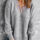 Gray Lace Scalloped V-Neck Side Split Loose Sweater