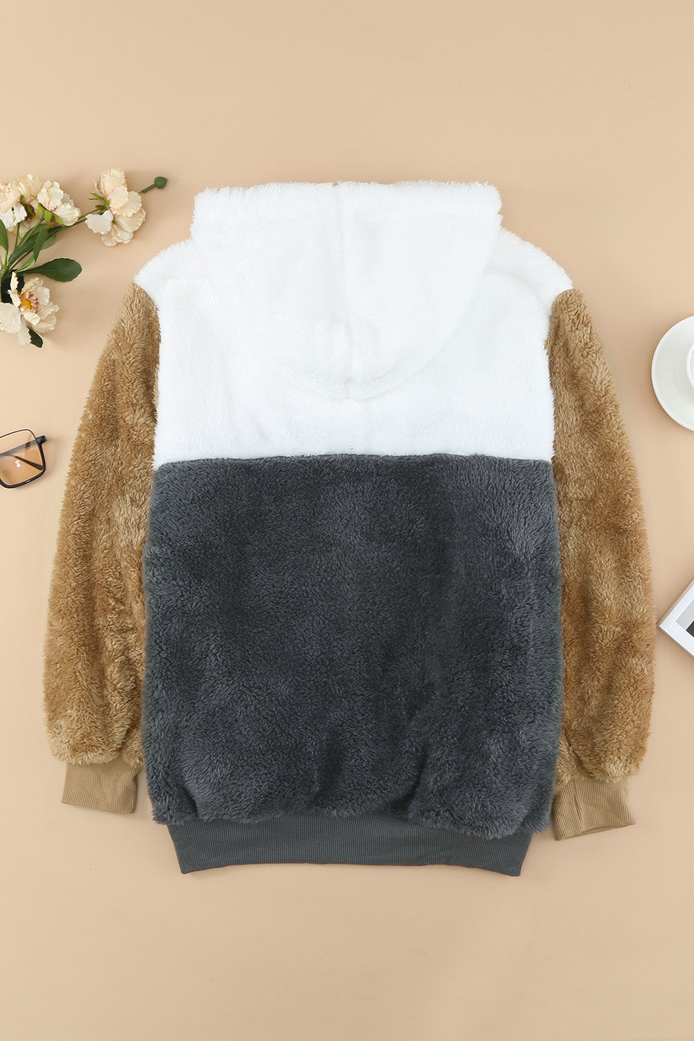 Colorblock Fluffy Faux Fur Hoodie