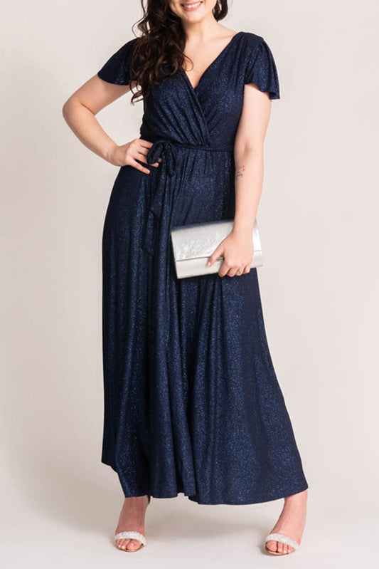 Blue Flutter Sleeve Wrap V Neck Plus Size Belted Dress