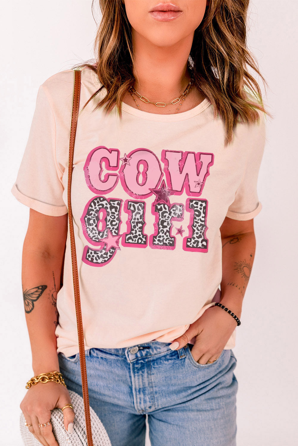 COWGIRL Leopard Star Print Crew Neck Graphic Tee