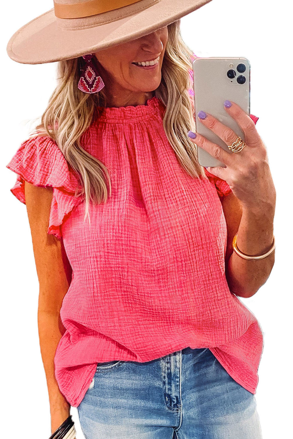 Rose Flutter Sleeve Frilled Neck Textured Blouse