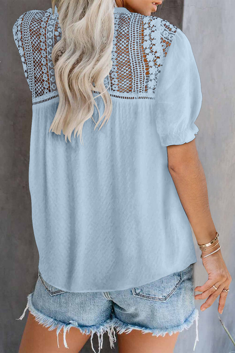V Neck Lace Crochet Short Sleeve Shirt