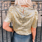 Gold Keyhole Back Sequin Puff Sleeve T Shirt
