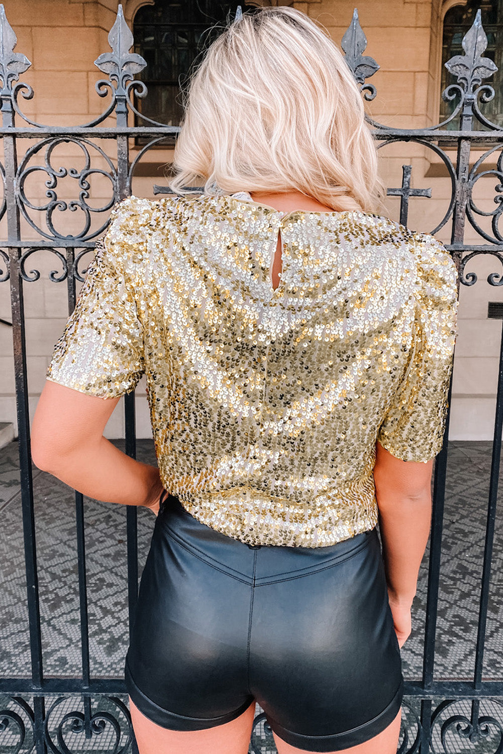Gold Keyhole Back Sequin Puff Sleeve T Shirt