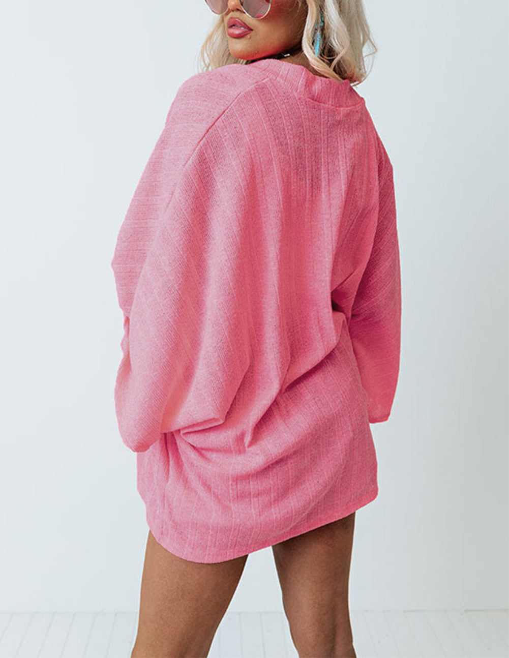 Pink Open Front Kimono Sleeves Knit Cardigan