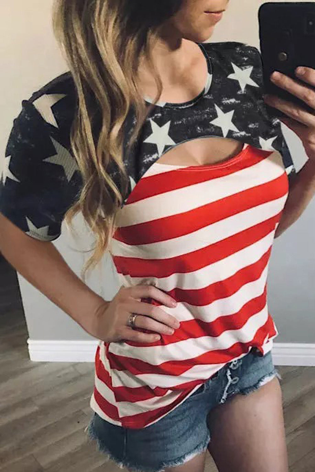 Black Contrast American Flag Cutout T-Shirt