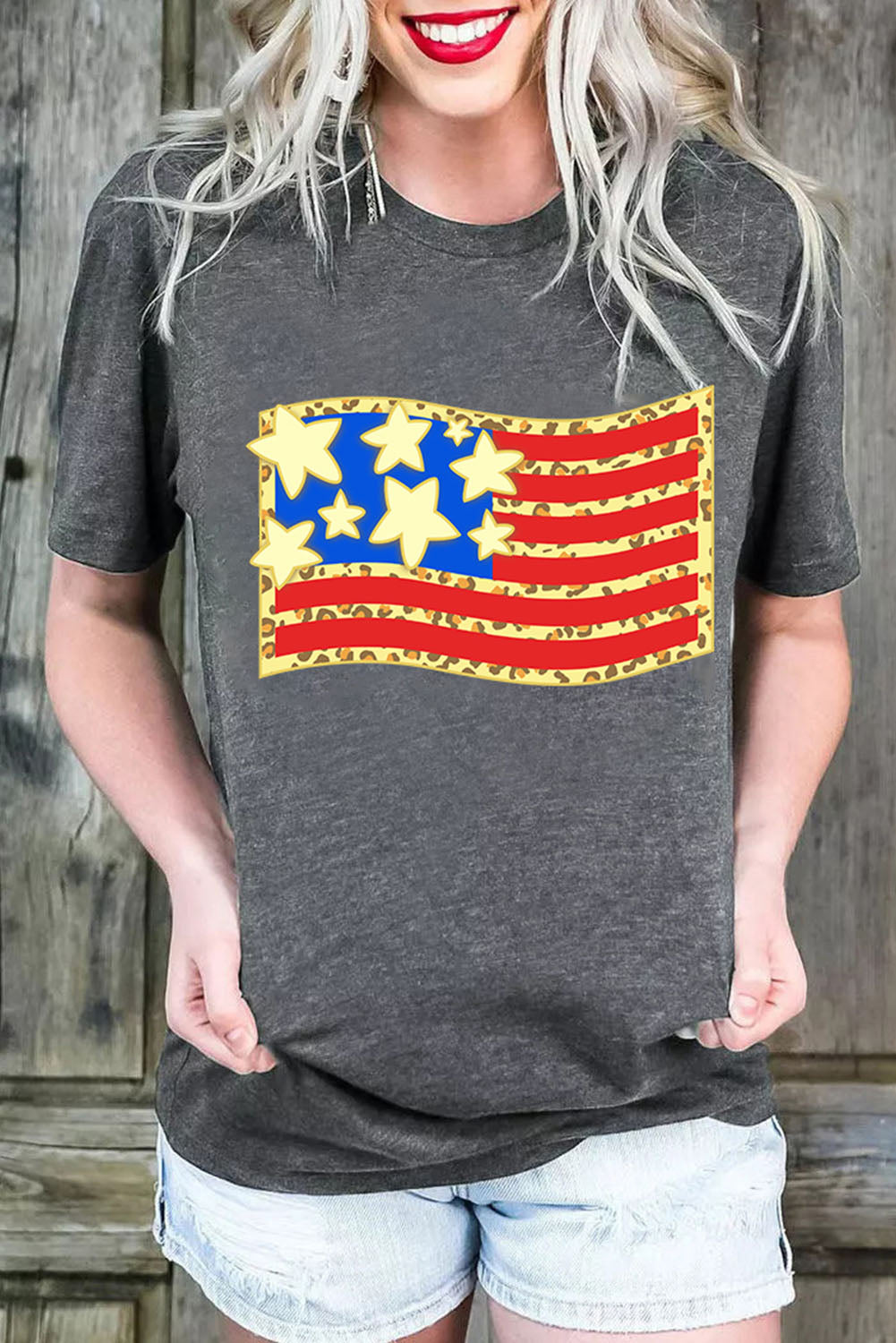 Gray Leopard Flag Graphic Print T Shirt