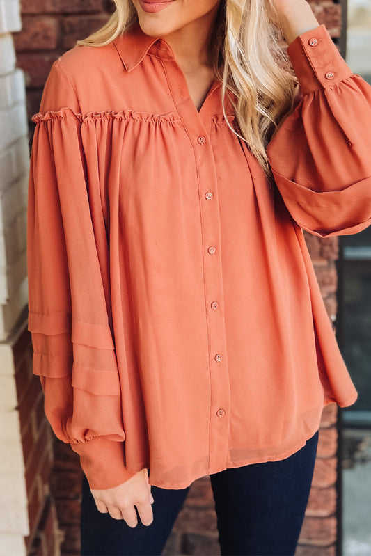 Orange Frill Trim Creasy Puff Sleeve Shirt