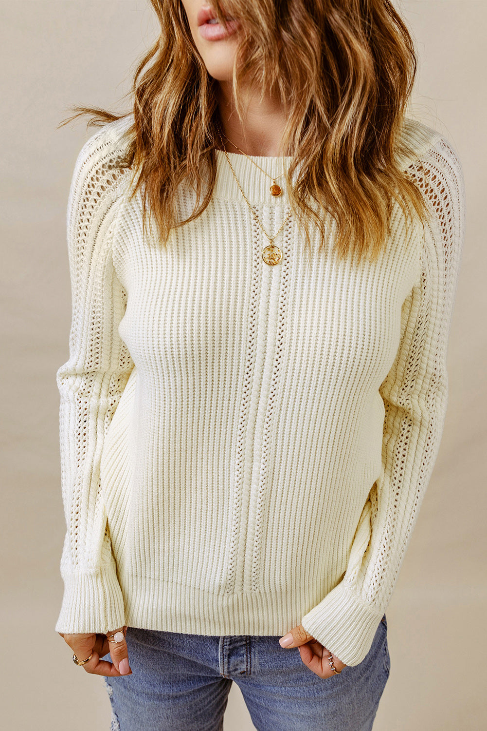 Plain Hollow-out Knit Long Sleeve Pullover Sweater