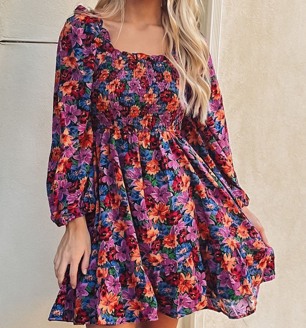 Floral Puff Sleeve Smocked Dress