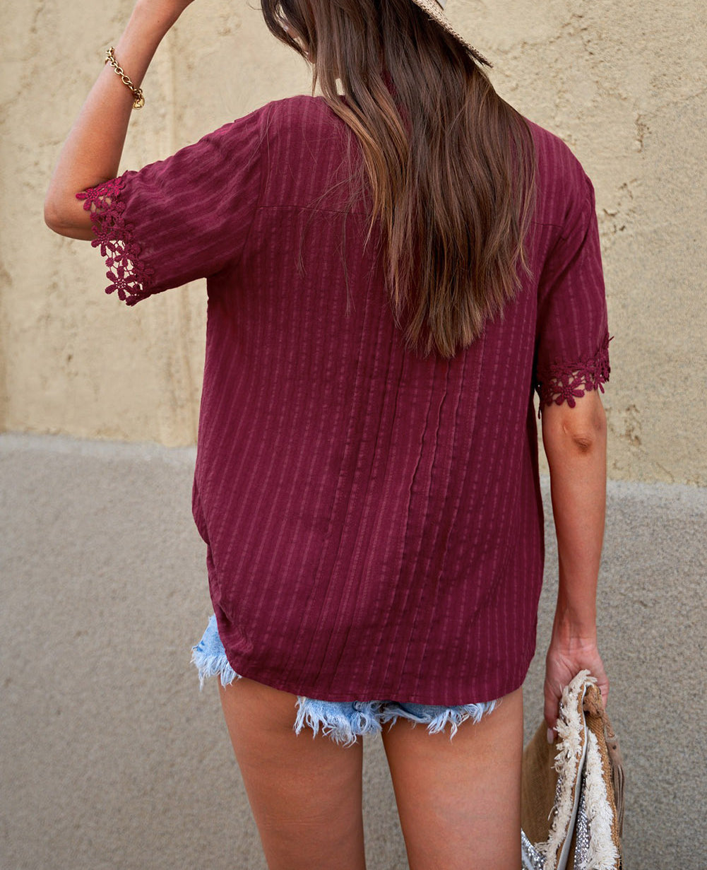 Crochet Hollow-out Lace Splicing Short Sleeve Top