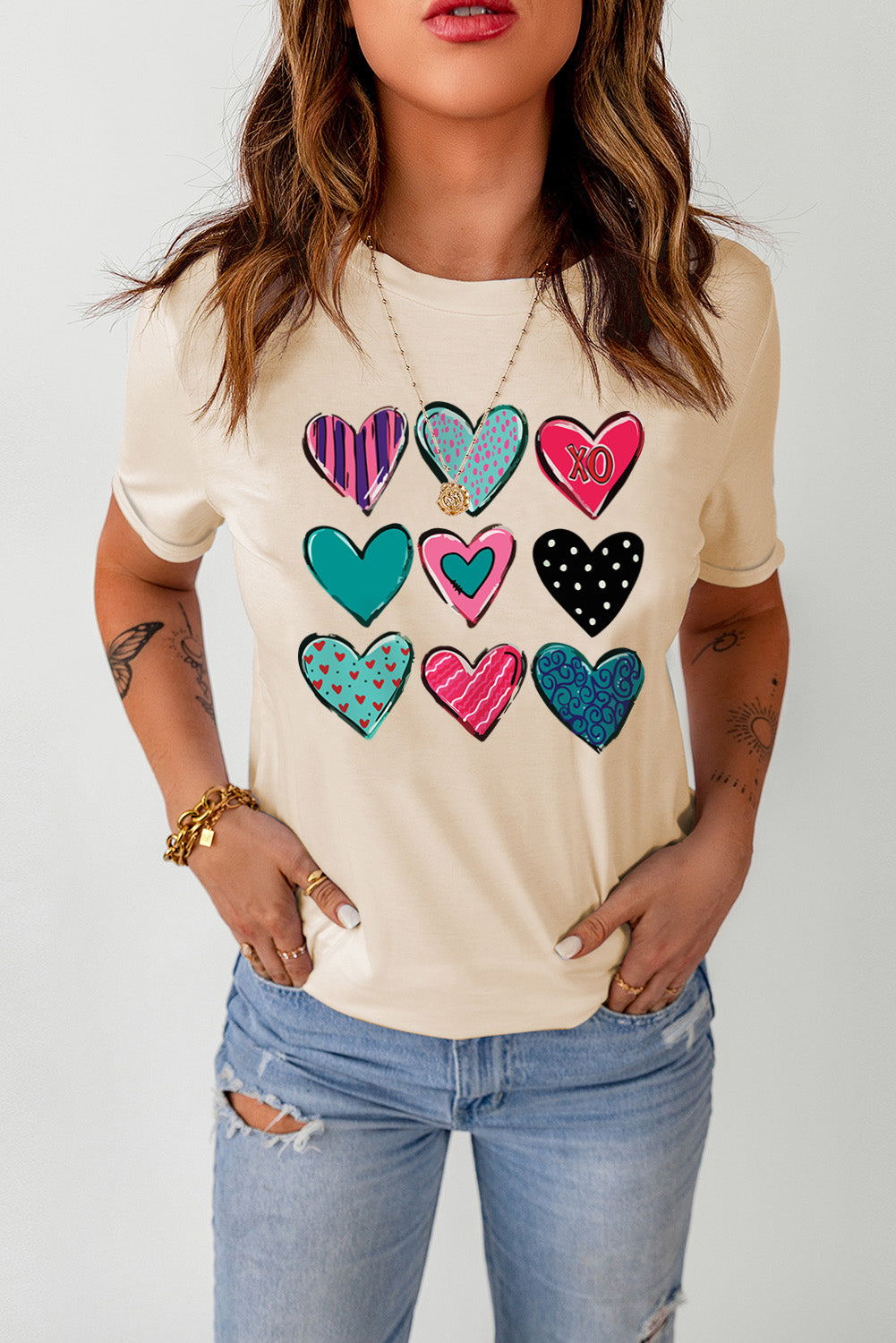 Khaki Valentines Multi Pattern Heart Print T Shirt