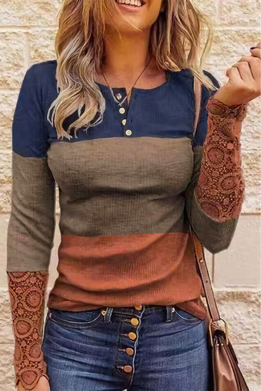 Ribbed Lace Splicing Color Block Long Sleeve Top