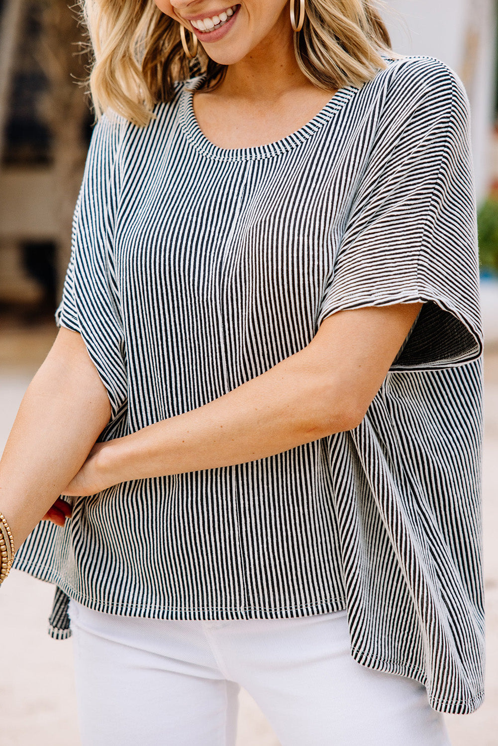 Gray Ribbed Knit Round Neck Relaxed Tee
