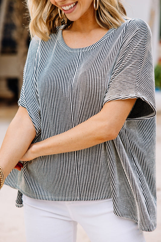 Gray Ribbed Knit Round Neck Relaxed Tee