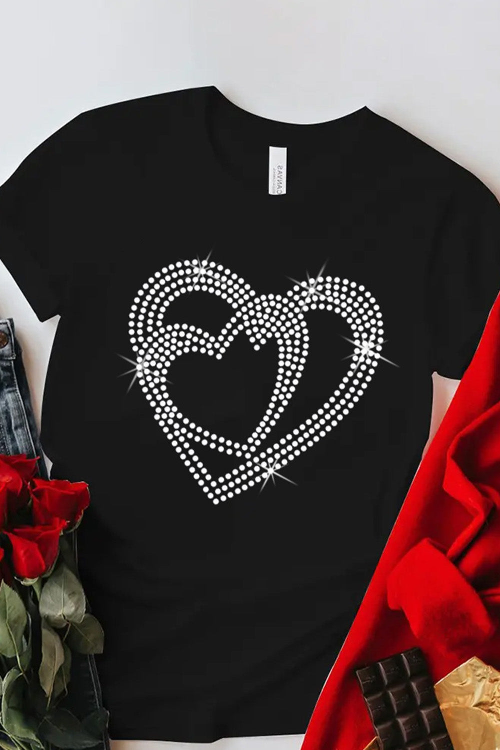 Black Shining Heart Pattern Valentines T Shirt