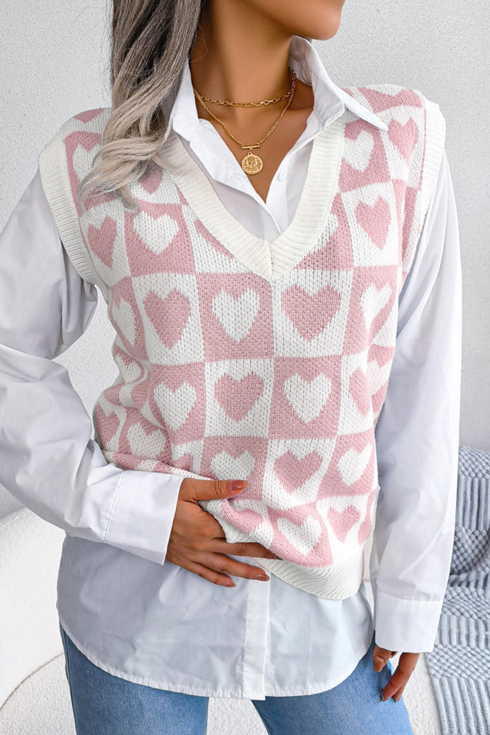 Checked Heart Pattern Sweater Vest