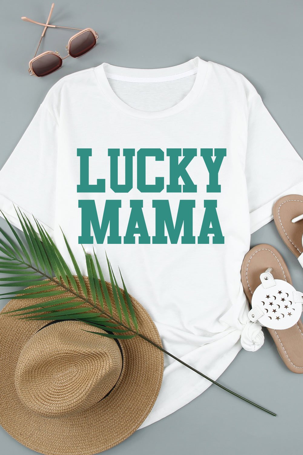 White LUCKY MAMA Letters Print Tee